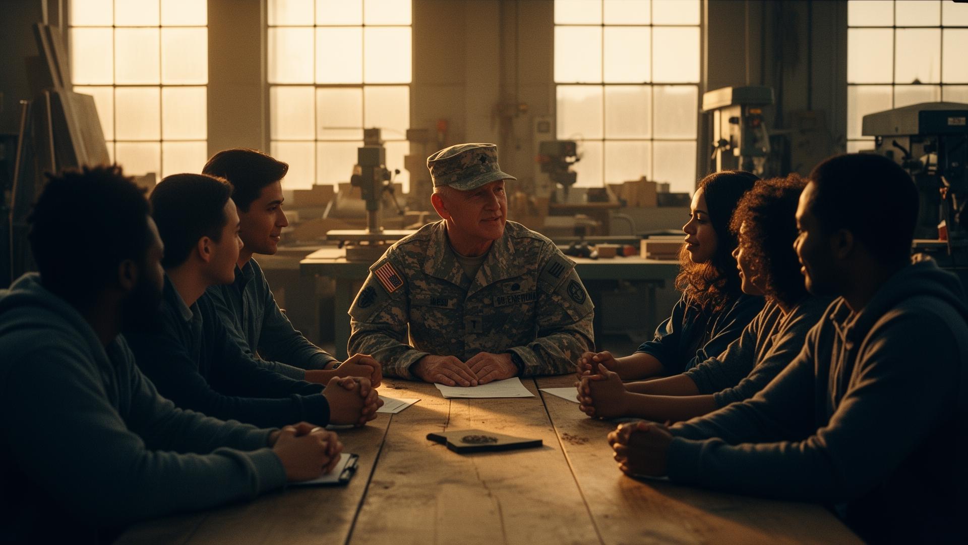 Veteran mentoring a diverse group of entrepreneurs at a workshop table in warm golden light