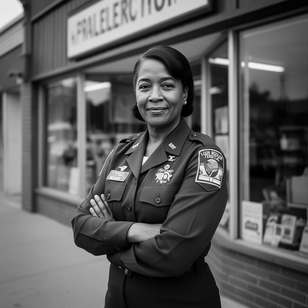 Marcus, an Army veteran and small business owner, standing proudly in front of her storefront
